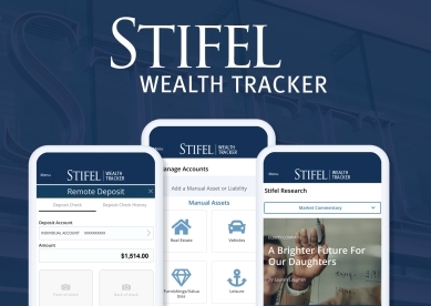 Stifel Wealth Tracker; Image of 3 cell phones with the wealth tracker features on them.